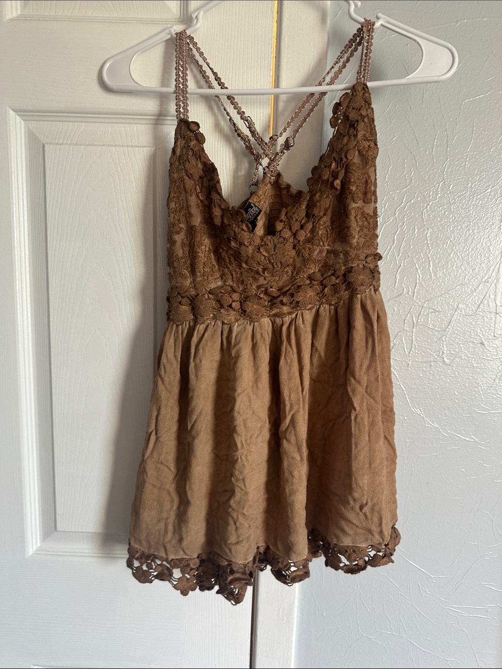 Lace-Detail Brown Crochet Tank Top - Women